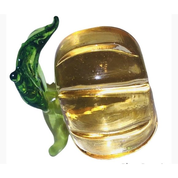 Hand Blown Art Glass Orange 1”x1.25” pumpkin Green Stem Paperweight Decor VTG - Picture 2 of 9